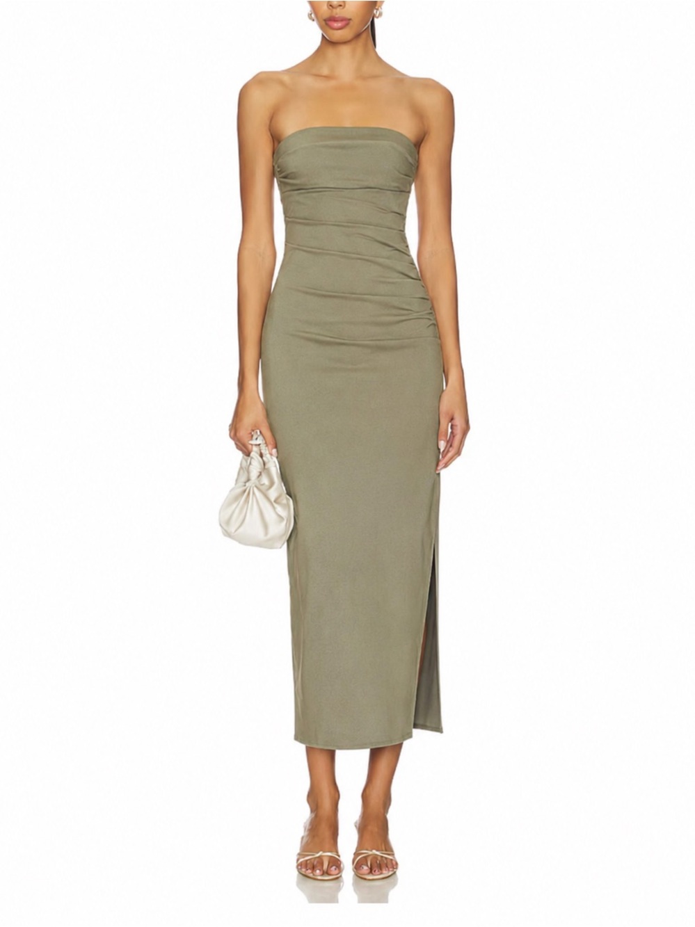 Zara Olive Green Strapless Tube Midi Dress Ruched Side Slit Bodycon Dress M